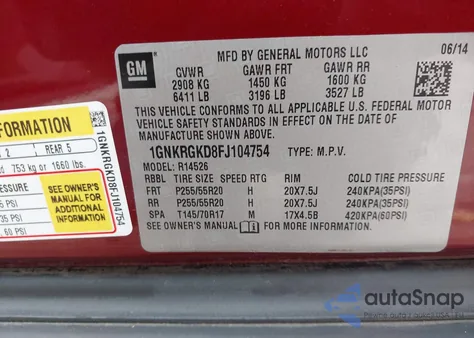 2015 Chevrolet Traverse 1Lt из США, поврежденный, VIN 1GNKRGKD8FJ104754